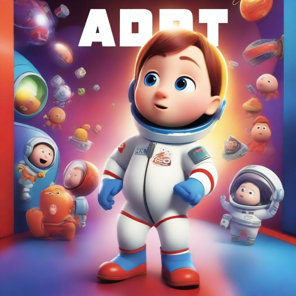 A Pixar-style animated movie poster featuring a kid with Down syndrome in a colorful space suit, standing in a spaceship with red alarms going off