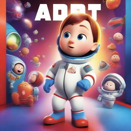 A Pixar-style animated movie poster featuring a kid with Down syndrome in a colorful space suit, standing in a spaceship with red alarms going off