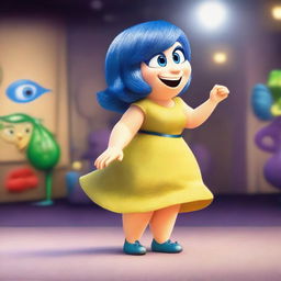 Create an image of Joy from the movie Inside Out with exaggerated features to appear more voluptuous and sexy, viewed from the back