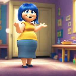 Create an image of Joy from the movie Inside Out with exaggerated features to appear more voluptuous and sexy, viewed from the back