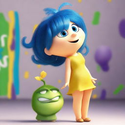 Create an image of Joy from the movie Inside Out with exaggerated features to appear more voluptuous and sexy, viewed from the back