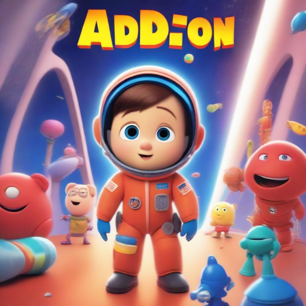 A Pixar-style animated movie poster featuring a kid with Down syndrome in a colorful space suit, standing in a spaceship with red alarms going off