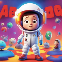 A Pixar-style animated movie poster featuring a kid with Down syndrome in a colorful space suit, standing in a spaceship with red alarms going off