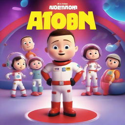 A Pixar-style animated movie poster featuring a kid with Down syndrome in a colorful space suit, standing in a spaceship with red alarms going off