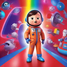 A Pixar-style animated movie poster featuring a kid with Down syndrome in a colorful space suit, standing in a spaceship with red alarms going off