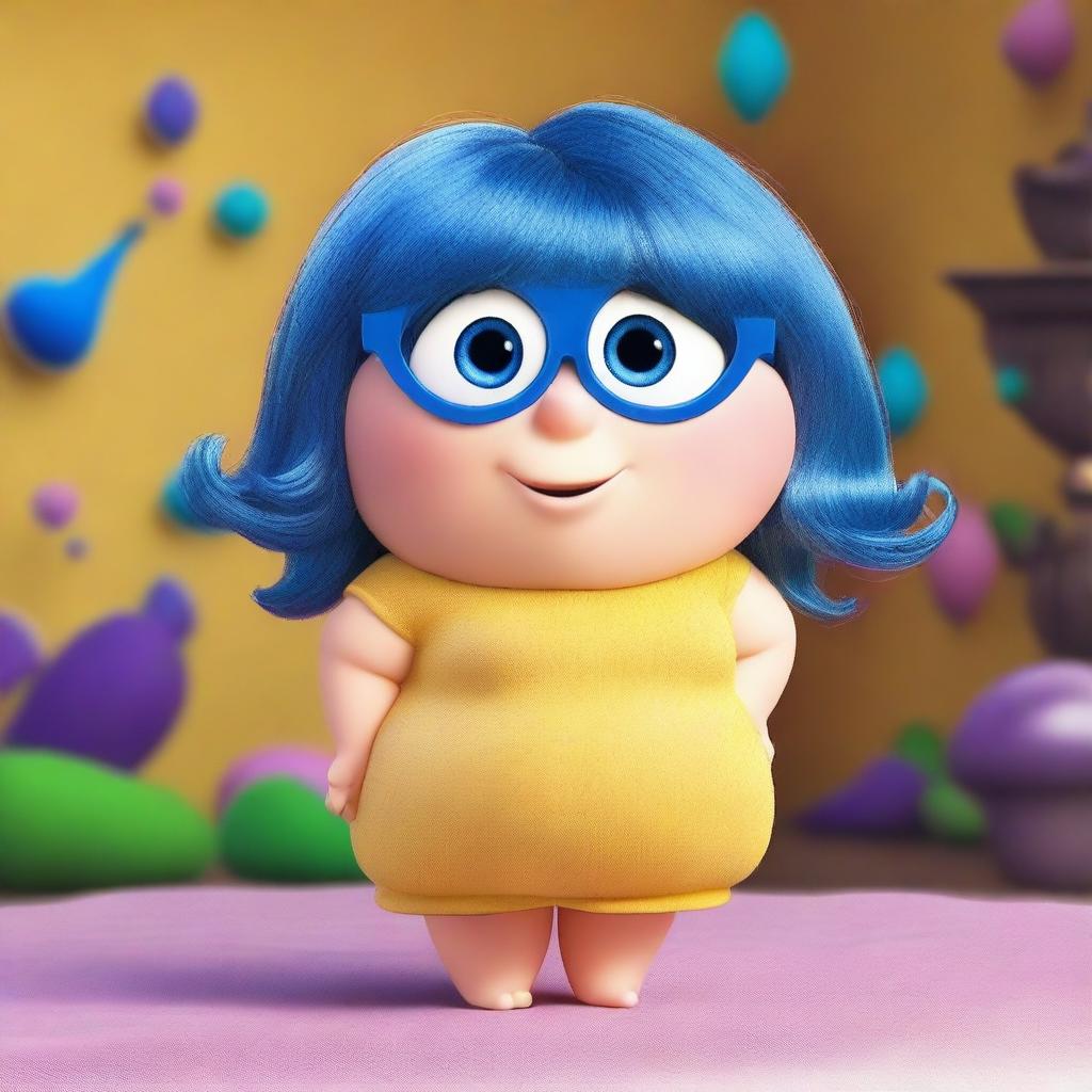 Create an image of Joy from the movie Inside Out with exaggerated features to appear more voluptuous and sexy