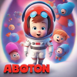 A Pixar-style animated movie poster featuring a kid with Down syndrome in a colorful space suit, standing in a spaceship with red alarms going off