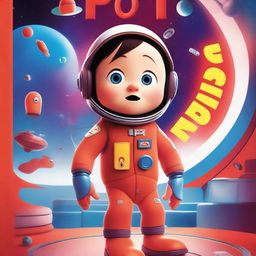 A Pixar-style animated movie poster featuring a kid with Down syndrome in a colorful space suit, standing in a spaceship with red alarms going off