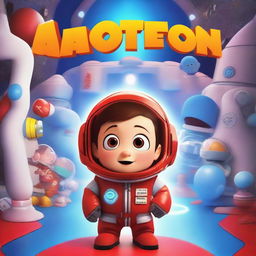 A Pixar-style animated movie poster featuring a kid with Down syndrome in a colorful space suit, standing in a spaceship with red alarms going off