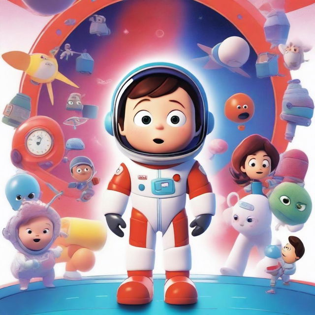 A Pixar-style animated movie poster featuring a kid with Down syndrome in a colorful space suit, standing in a spaceship with red alarms going off