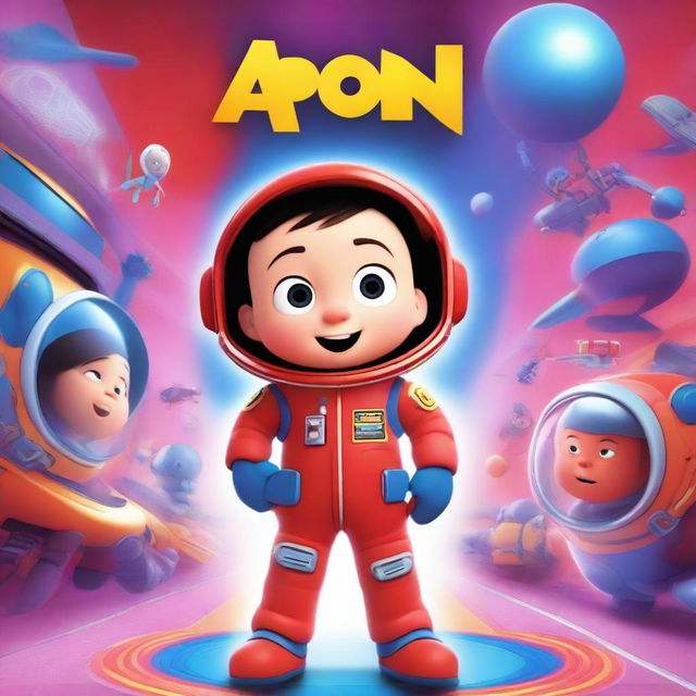 A Pixar-style animated movie poster featuring a kid with Down syndrome in a colorful space suit, standing in a spaceship with red alarms going off