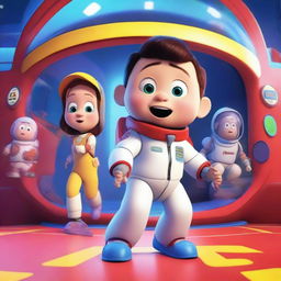 A Pixar-style animated movie poster featuring a kid with Down syndrome in a colorful space suit, standing in a spaceship with red alarms going off