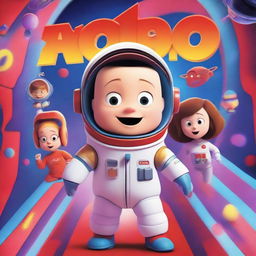 A Pixar-style animated movie poster featuring a kid with Down syndrome in a colorful space suit, standing in a spaceship with red alarms going off