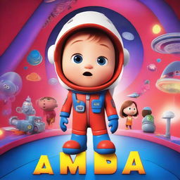 A Pixar-style animated movie poster featuring a kid with Down syndrome in a colorful space suit, standing in a spaceship with red alarms going off