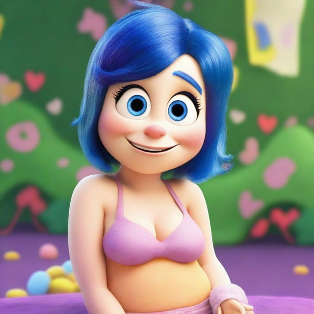 Create a realistic image of Joy from the movie Inside Out wearing lingerie with exaggeratedly large breasts