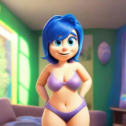 Create a realistic image of Joy from the movie Inside Out wearing lingerie with exaggeratedly large breasts