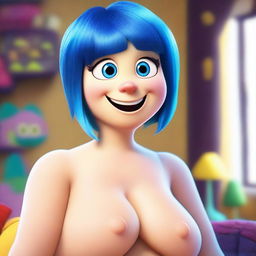 Create a realistic image of Joy from the movie Inside Out wearing lingerie with exaggeratedly large breasts