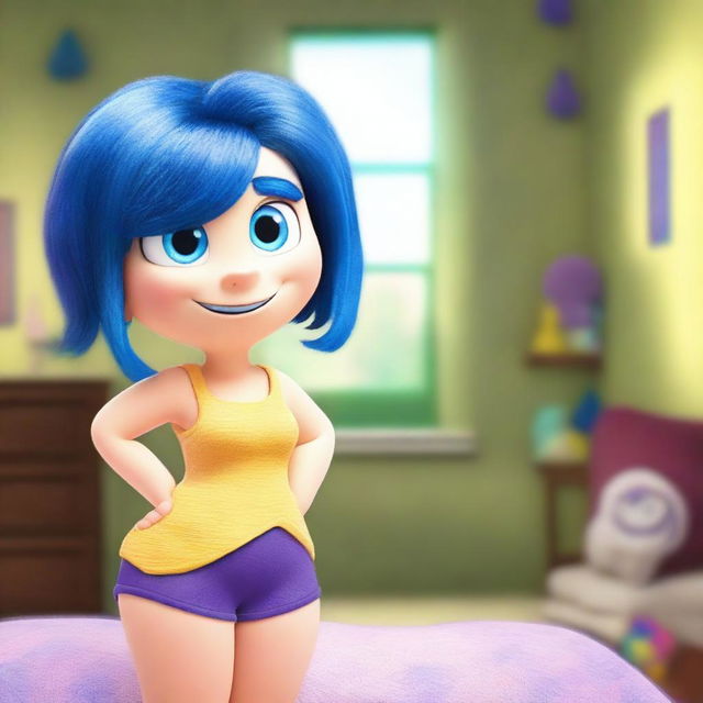 Create a realistic image of Joy from the movie Inside Out wearing lingerie with exaggeratedly large breasts and visible buttocks