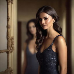 A realistic portrait of Nina Dobrev standing in front of a mirror, with her reflection clearly visible