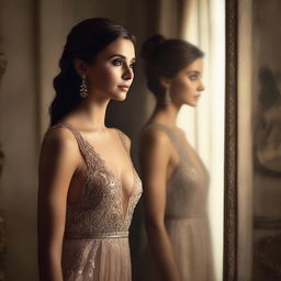 A realistic portrait of Nina Dobrev standing in front of a mirror, with her reflection clearly visible