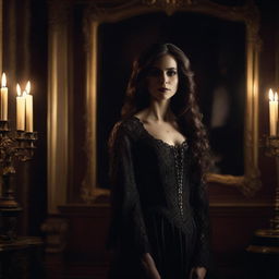 A realistic portrait of Katherine Pierce standing in front of a mirror, with her reflection clearly visible