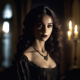 A realistic portrait of Katherine Pierce standing in front of a mirror, with her reflection clearly visible