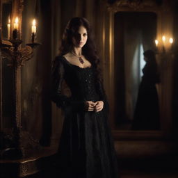 A realistic portrait of Katherine Pierce standing in front of a mirror, with her reflection clearly visible