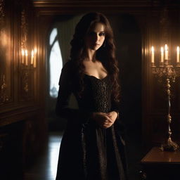 A realistic portrait of Katherine Pierce standing in front of a mirror, with her reflection clearly visible