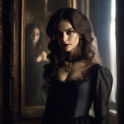 A realistic portrait of Katherine Pierce looking into a mirror, her reflection clearly visible