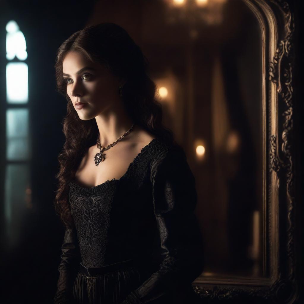 A realistic portrait of Katherine Pierce looking into a mirror, her reflection clearly visible