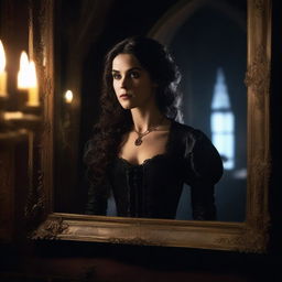 A realistic portrait of Katherine Pierce looking into a mirror, her reflection clearly visible