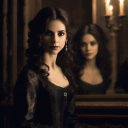 A realistic portrait of Katherine Pierce looking into a mirror, her reflection clearly visible