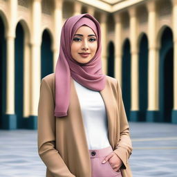 A stylish and confident woman wearing a hijab, dressed in modern and fashionable attire