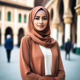 A stylish and confident woman wearing a hijab, dressed in modern and fashionable attire