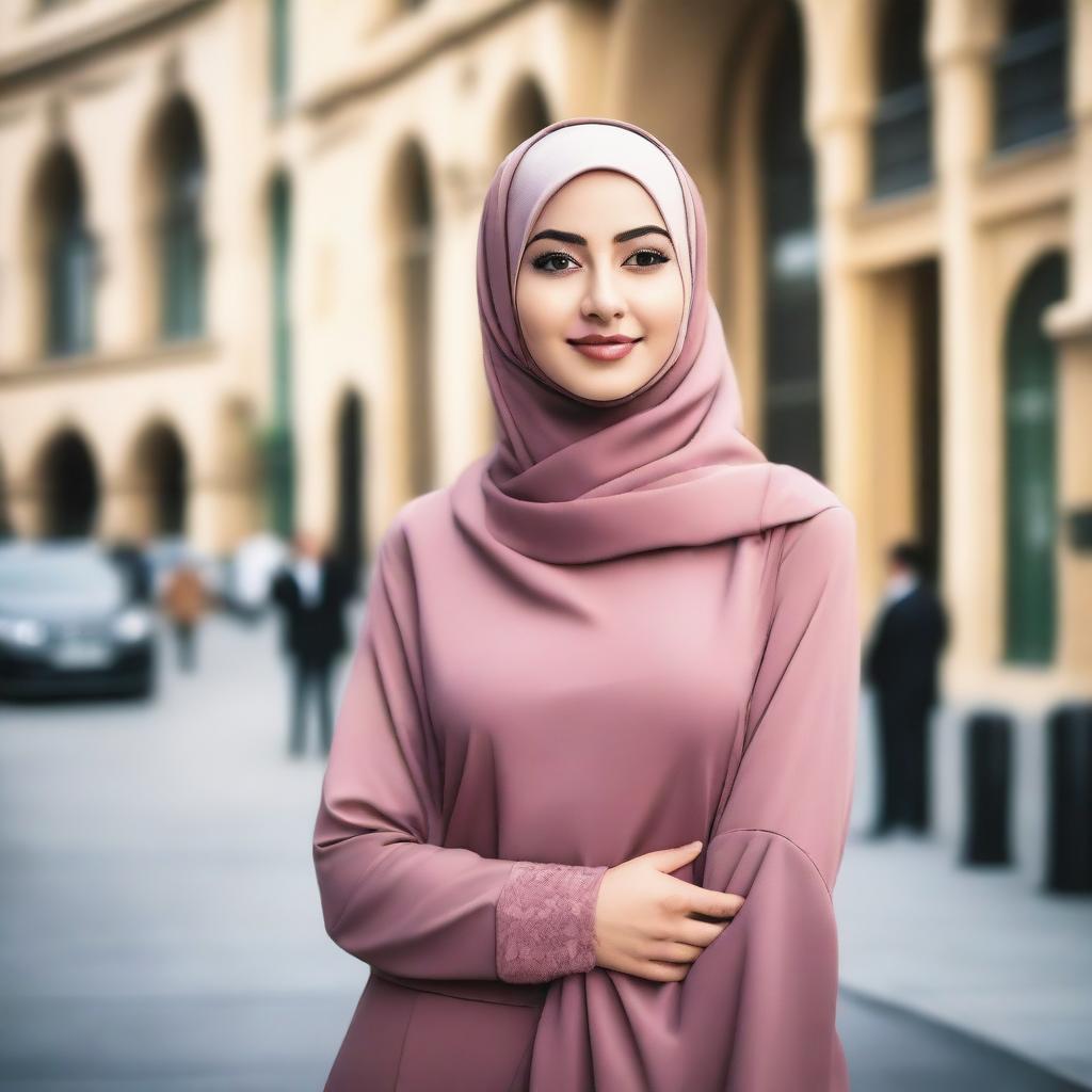 A stylish and confident woman wearing a hijab, dressed in modern and fashionable attire