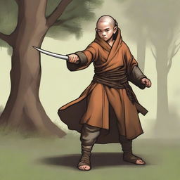 A female Halfling Monk, known for her dexterity and average charisma, depicted in a ready stance to kick or punch her enemy