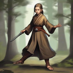 A female Halfling Monk, known for her dexterity and average charisma, depicted in a ready stance to kick or punch her enemy