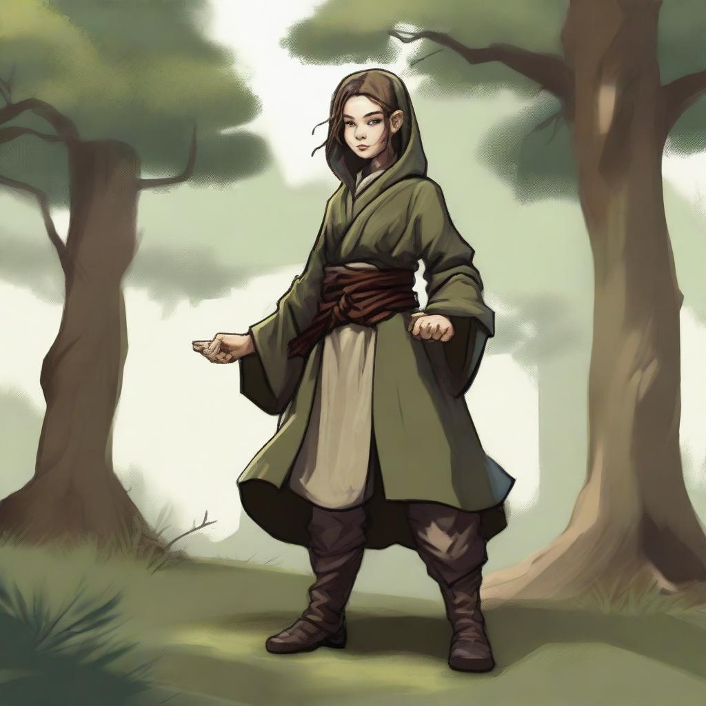 A female Halfling Monk, known for her dexterity and average charisma, depicted in a ready stance to kick or punch her enemy