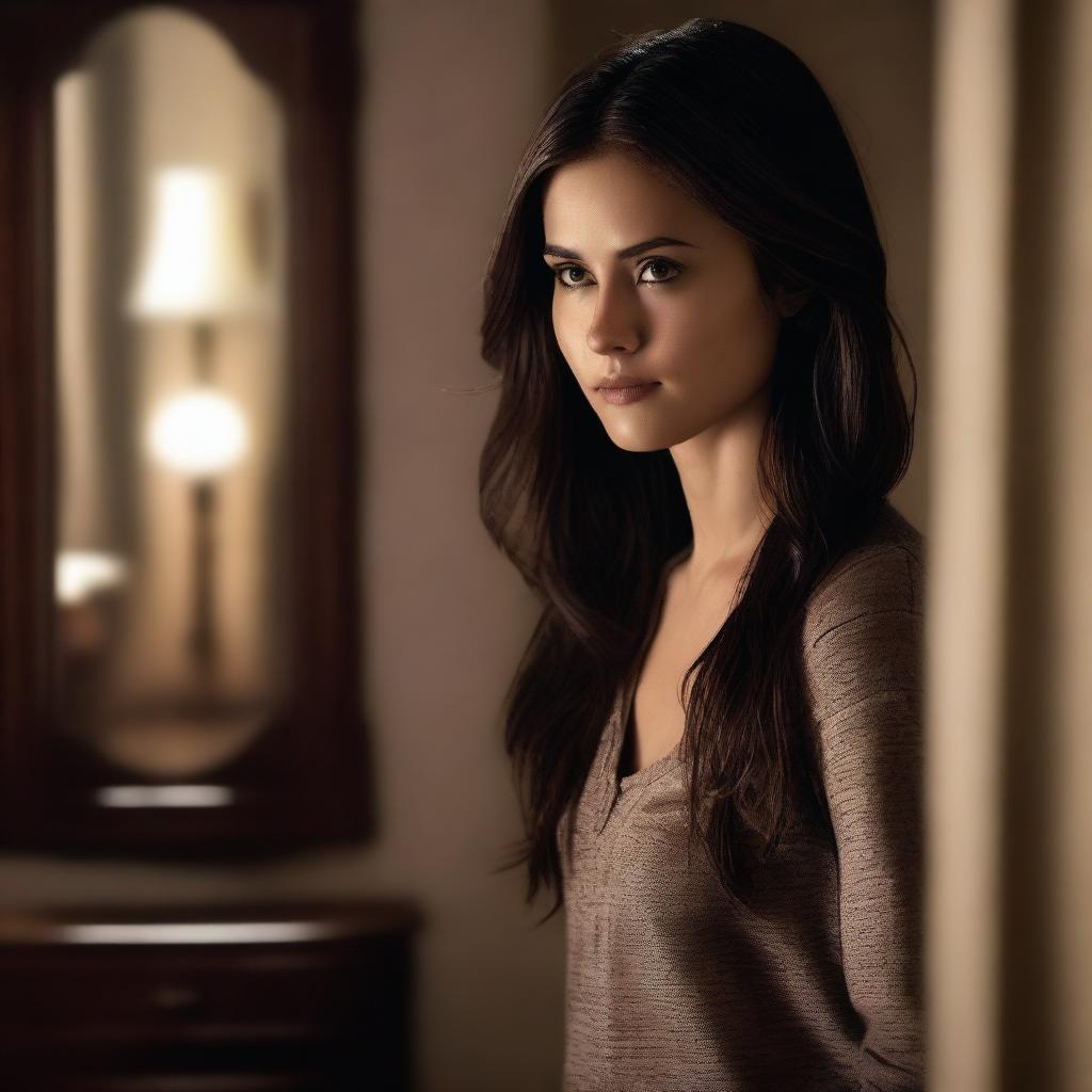 A realistic portrait of Elena Gilbert looking into a mirror, her reflection clearly visible