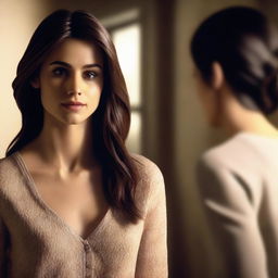 A realistic portrait of Elena Gilbert looking into a mirror, her reflection clearly visible