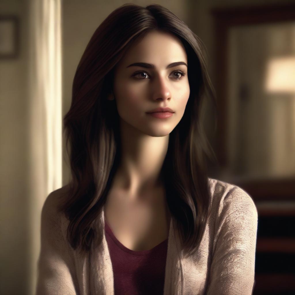 A realistic portrait of Elena Gilbert looking into a mirror, her reflection clearly visible