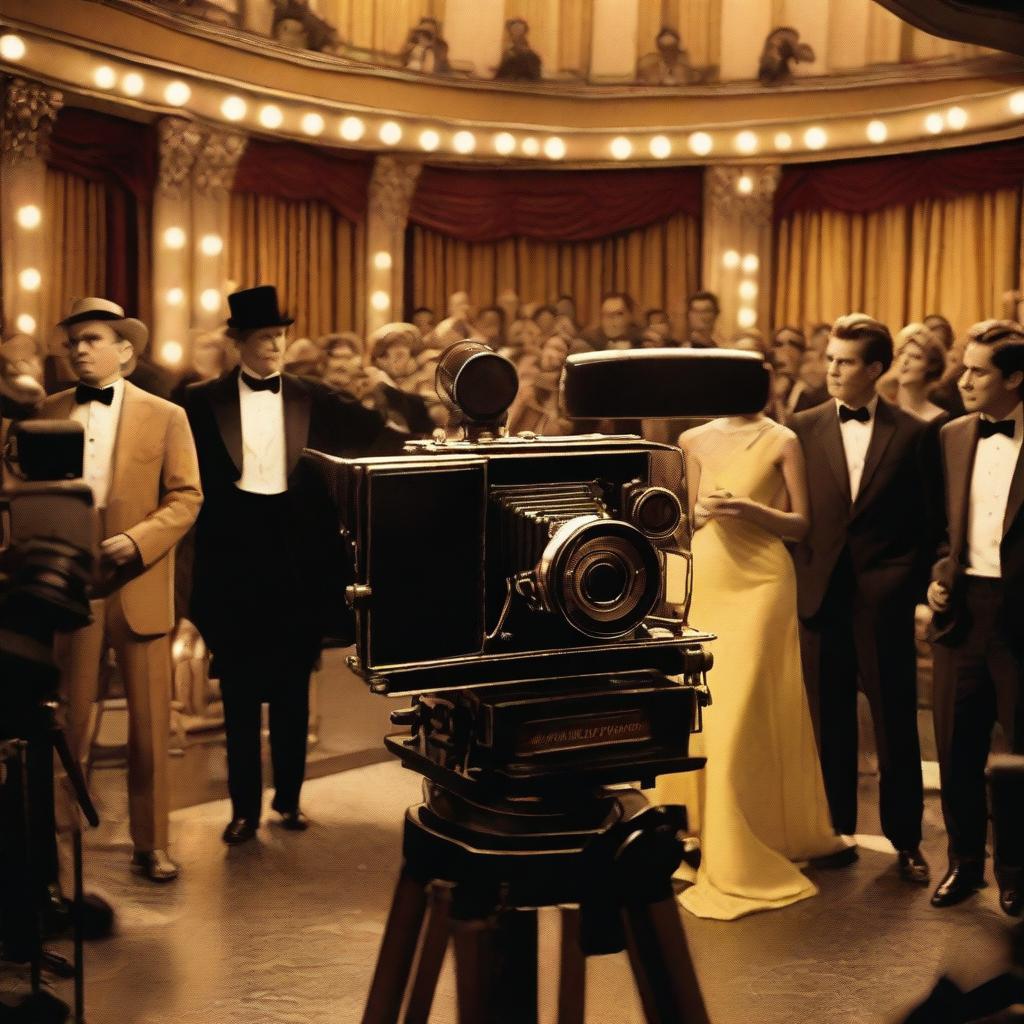 A grand Hollywood film set with actors in glamorous costumes, bright lights, and a director shouting instructions