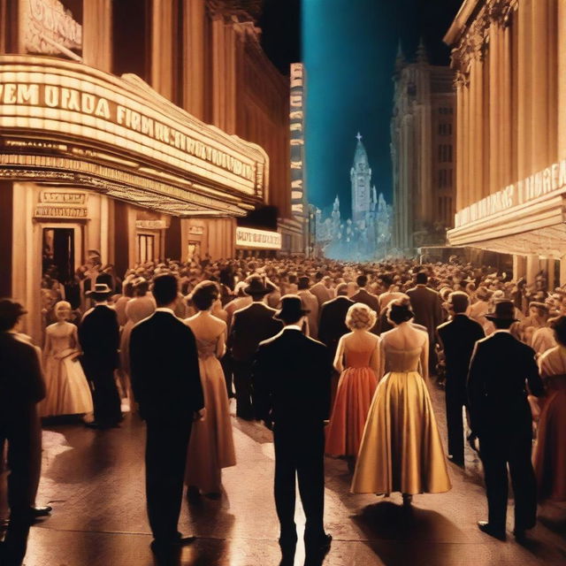 A grand Hollywood film set with actors in glamorous costumes, bright lights, and a director shouting instructions