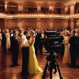 A grand Hollywood film set with actors in glamorous costumes, bright lights, and a director shouting instructions