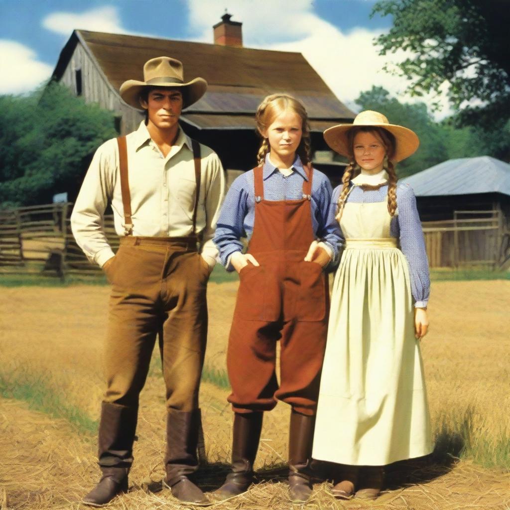 A picturesque mid-1970s country background featuring a young master, a young maid, and a farm hand