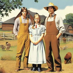 A picturesque mid-1970s country background featuring a young master, a young maid, and a farm hand