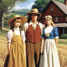 A picturesque mid-1970s country background featuring a young master, a young maid, and a farm hand