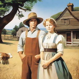 A picturesque mid-1970s country background featuring a young master, a young maid, and a farm hand