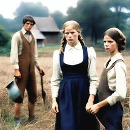 A mid-1970s countryside setting featuring a teenage master, a tired-looking maid, and a malicious farmhand in the background