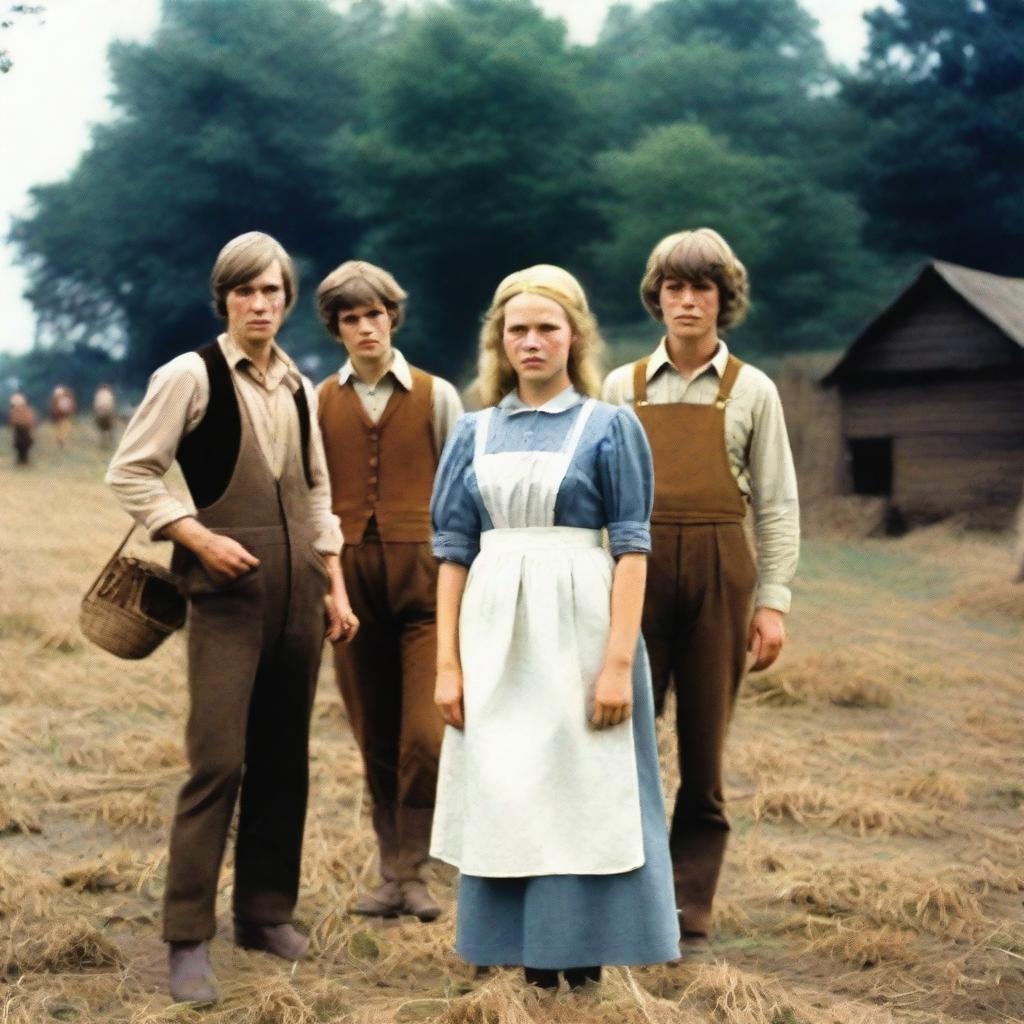 A mid-1970s countryside setting featuring a teenage master, a tired-looking maid, and a malicious farmhand in the background